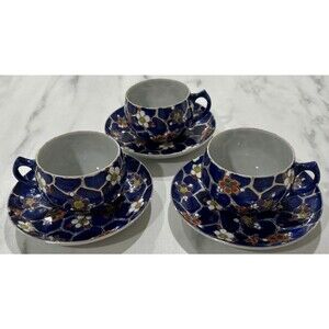 Japanese Hand-Painted Tea Cup & Saucer mark Mt Fuji and Cherry Blossom set of 3